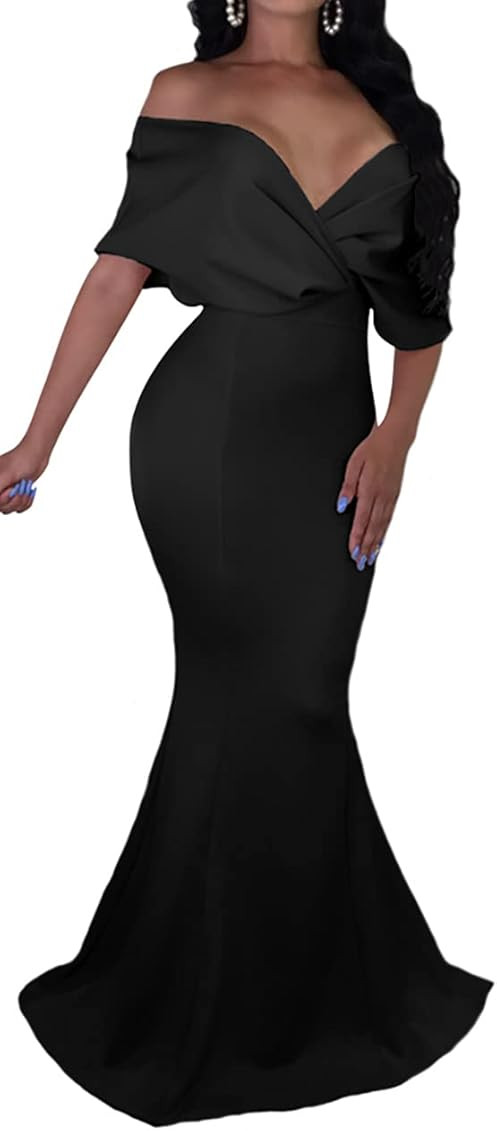 GOBLES Women Sexy V Neck Off The Shoulder Evening Gown Fishtail Maxi Dress | Amazon (US)