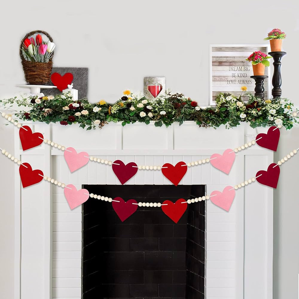 Valentines Felt Heart Garland with Wood Beads - NO DIY -Valentines Decorations - Red Pink Burgund... | Amazon (US)