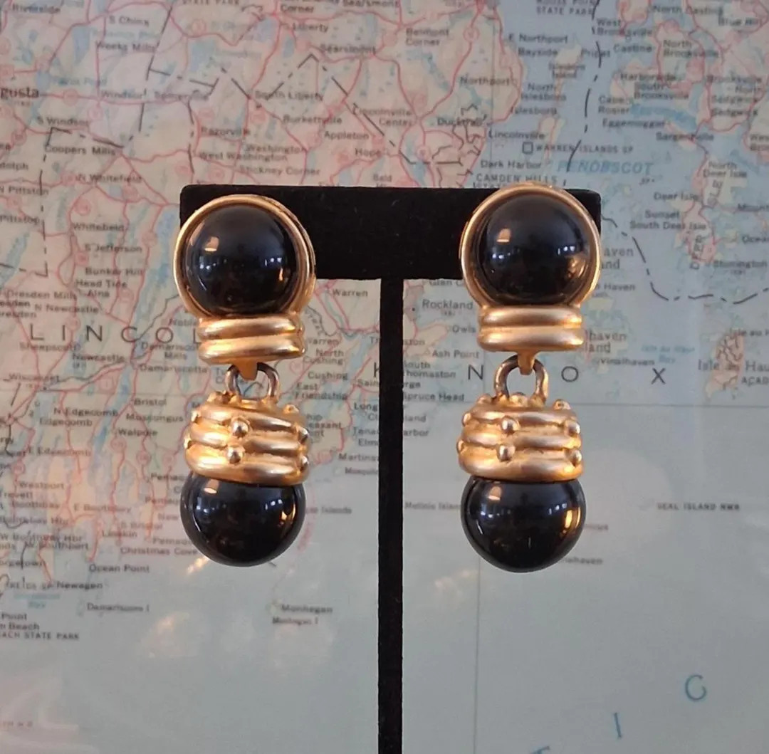 Art Deco Revival 1980s Runway Black and Gold Mogul Dangle Statement Clip On Earrings Signed Blanc... | Etsy (US)