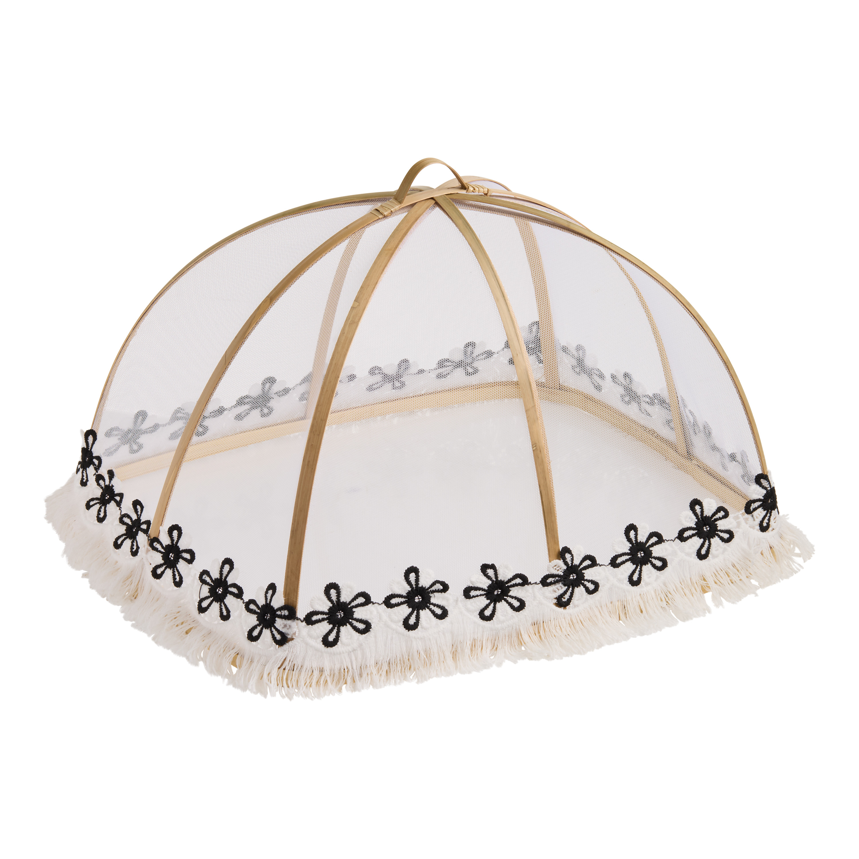 Black and White Bamboo Floral and Fringe Mesh Food Dome | World Market