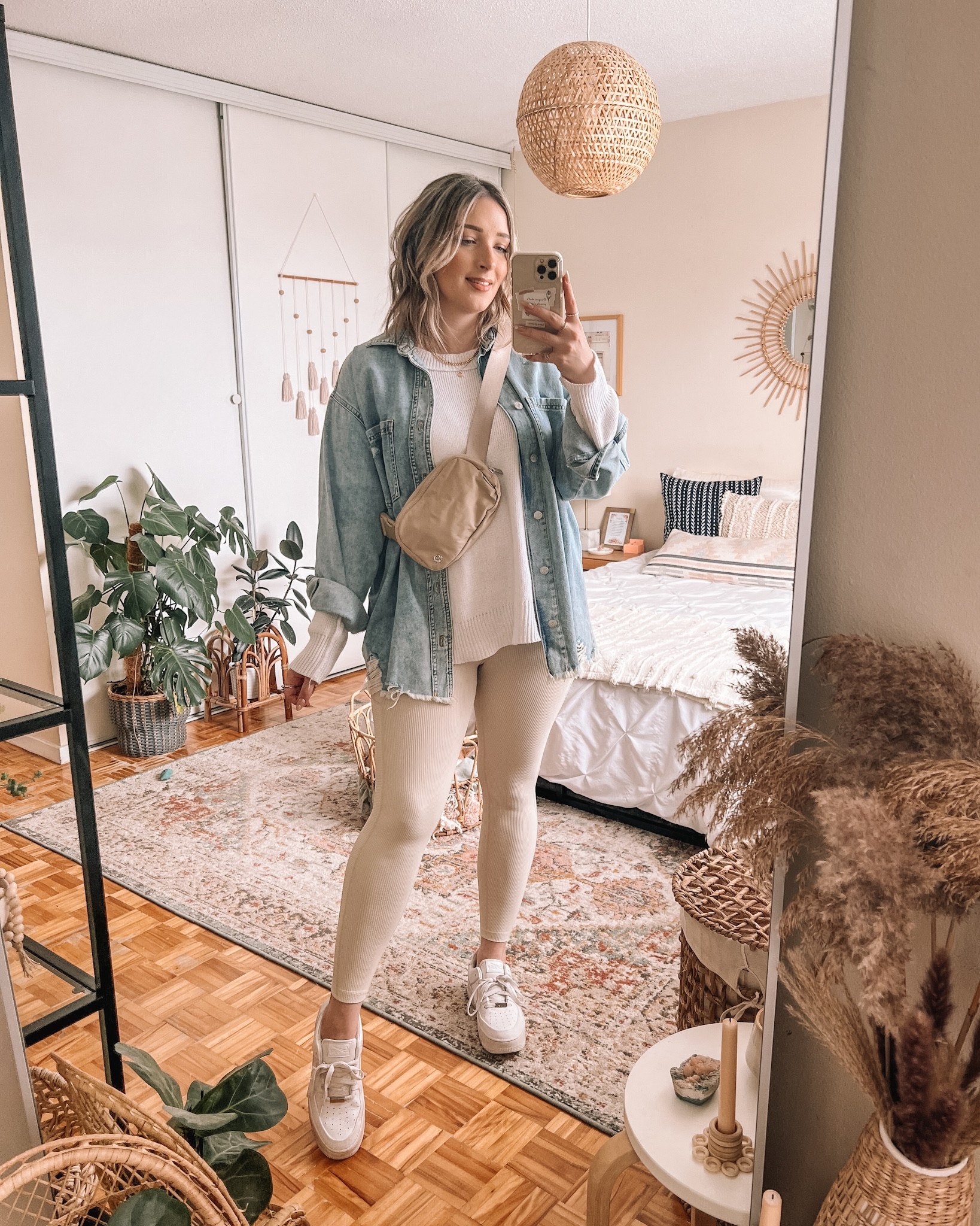 Comfy casual spring outfit - ribbed light beige leggings, oversized white sweater, denim shacket, white sneakers, lululemon belt bag


#LTKFind #LTKSeasonal #LTKstyletip