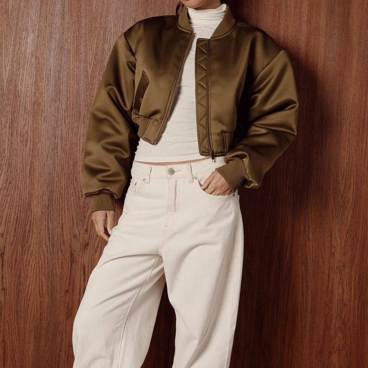 LIORA Khaki Satin Bomber Jacket | Noughts and Kisses