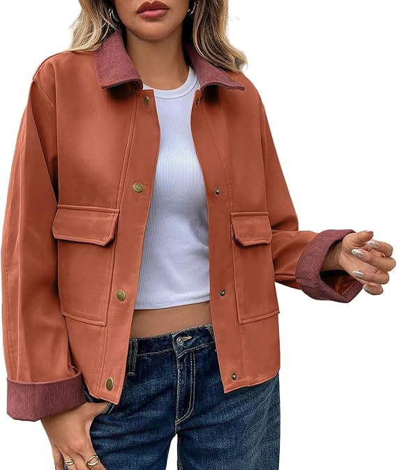 Oymyakon Women Cropped Jacket Contrast Collar Utility Coat Button Down Barn Jacket Fall Casual Ca... | Amazon (US)