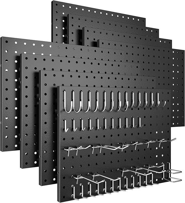 Peg Board, 8 Pack Metal Pegboard Panels with 50 Hooks, Black Pegboards Wall Organizer, Heavy Duty... | Amazon (US)