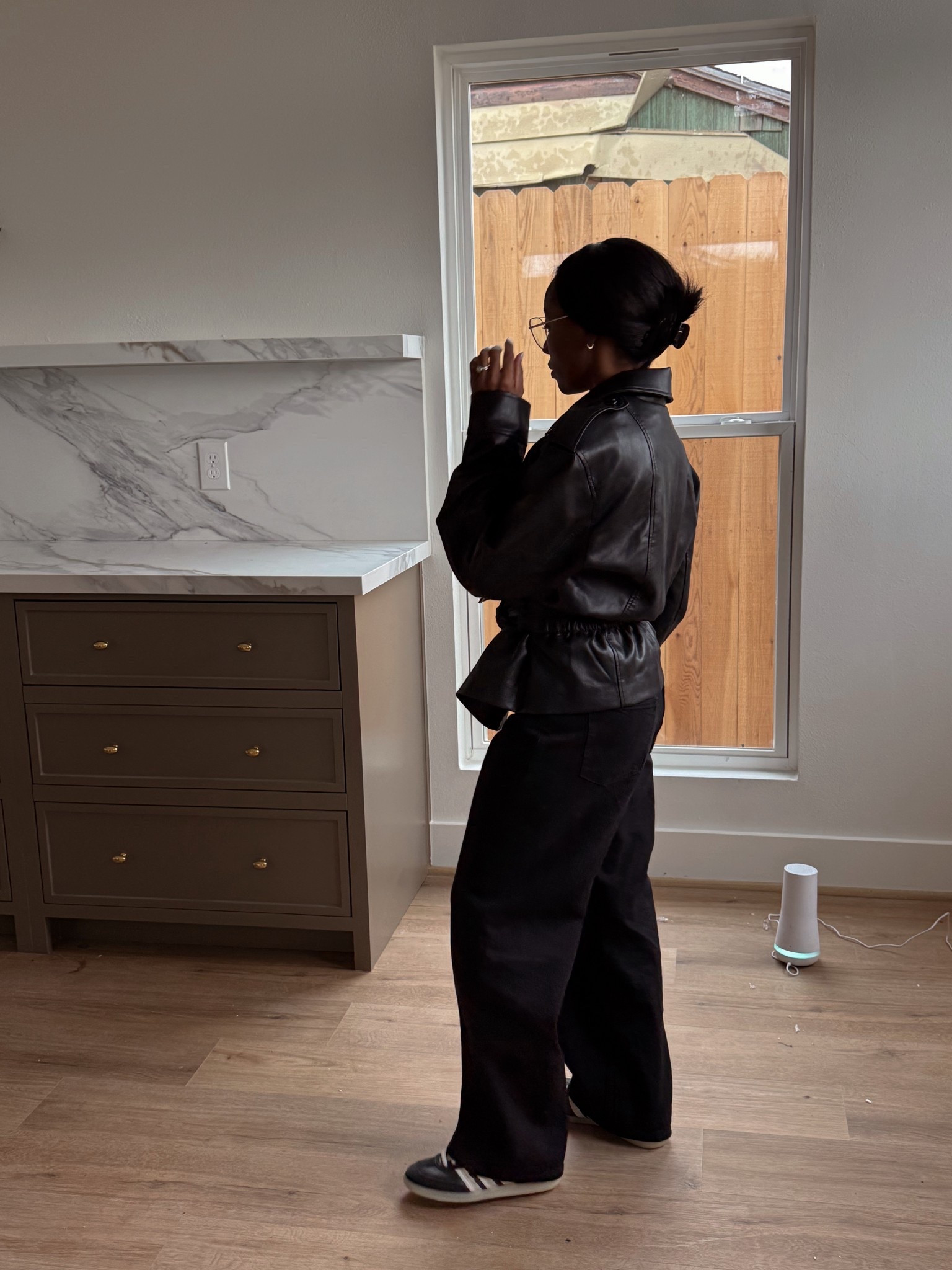 Black loose fit jeans and belted faux leather jacket, adidas sneakers 

#LTKPetite #LTKootd