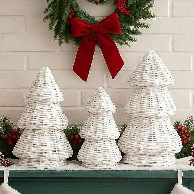 3 Pcs Morden Christmas Decor Woven Christmas Cone Tree Neutral Rattan Xmas Tabletop Centerpiece O... | Amazon (US)