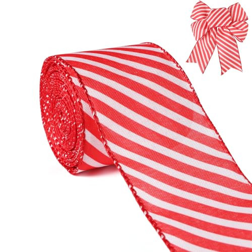 Christmas Ribbon for Tree, Red and White Ribbons Wired Stripes Fabric Ribbon Gift Wrapping DIY Craft Wreath Garland Making Xmas Tree Party Halloween Christmas Decoration, Thick Line, 10 Yards x 2.5in | Amazon (US)