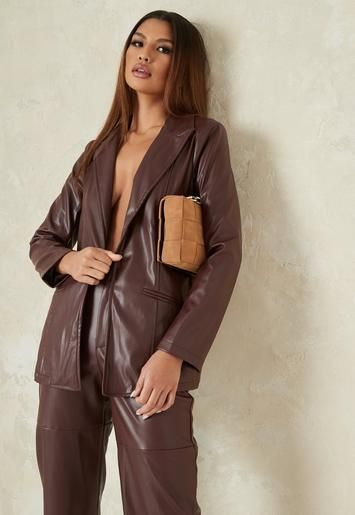 Chocolate Co Ord Faux Leather Tailored Boyfriend Blazer | Missguided (US & CA)