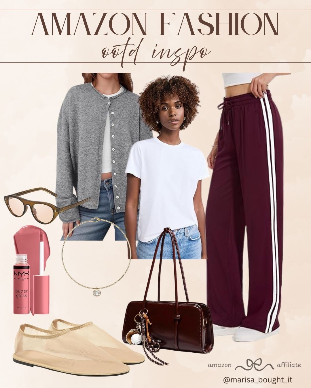 I am loving this effortless Amazon fashion find for a cozy yet cool street-style look! These wide-leg track pants are so comfortable, especially when paired with a classic grey cardigan and a basic tee. 👟

I added a touch of chic with the mesh flats and a deep burgundy shoulder bag. These neutral accessories and a swipe of NYX butter gloss are all you need for an easy daily outfit! ✨

#AmazonFashion #AmazonFinds #OOTDInspo #StreetStyle #CasualOutfit #AmazonStyle #EffortlessLook