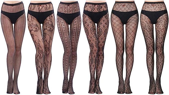 HOVEOX 6 Pairs Lace Patterned Tights Fishnet Floral Stockings Small Hole Pattern Leggings Tights ... | Amazon (US)