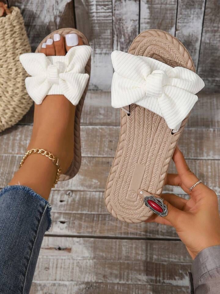 Women's Flat Sandals With Natural Jute Rope And Bow Knot Design For Comfortable Summer Wear | SHEIN