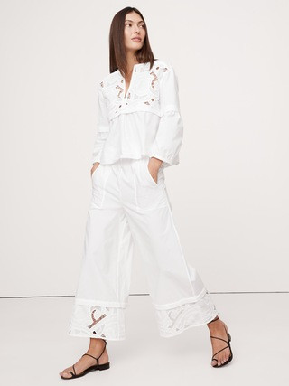 High-Rise Wide-Leg Embroidered Cotton Poplin Cropped Pull-On Pant | Banana Republic (US)