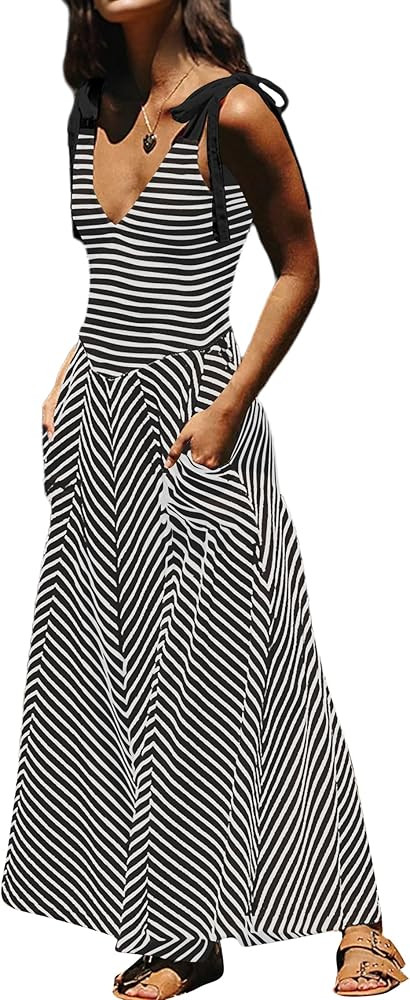 MISSACTIVER Cecelia Midi Dress for Women Summer Smocked V Neck Beach Dress Sleeveless Striped Flo... | Amazon (US)