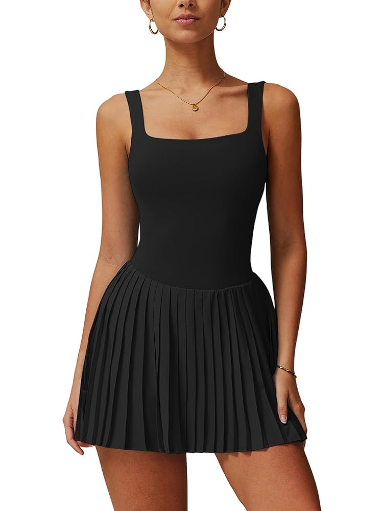ABOCIW Womens Square Neck Tennis Dress Built in Shorts Pleated Backless Golf Athletic Dress with ... | Amazon (US)