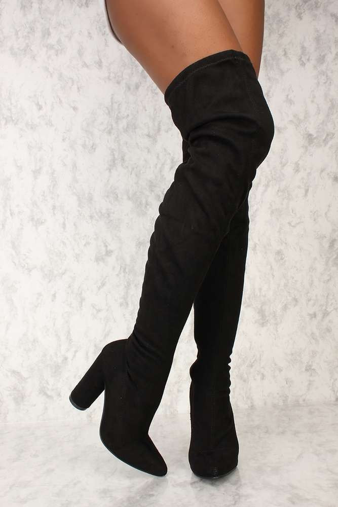 Sexy Black Thigh High Boots Circle Chunky Heel Crushed Faux Suede | Ami Club Wear