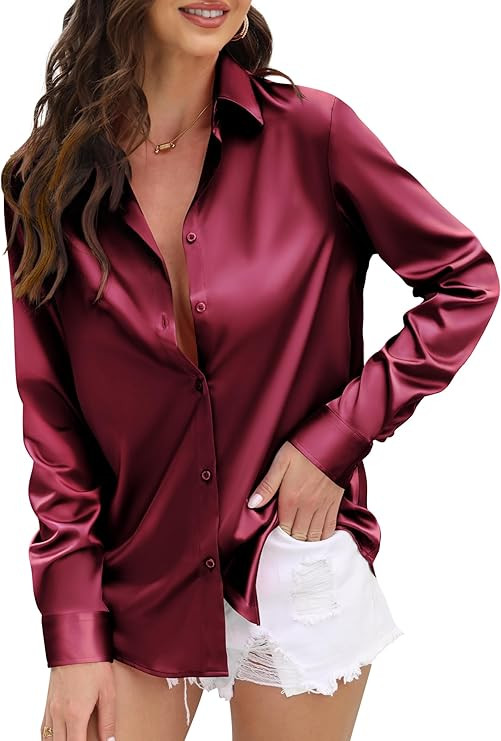 CUNLIN Womens Soft Satin Silk Leopard Button Down Shirts for Women Silky Long Sleeve Work Shirt D... | Amazon (US)