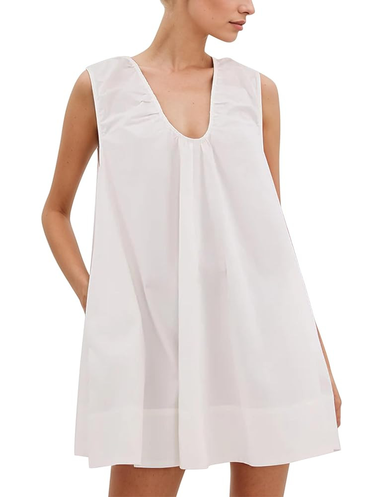MISSACTIVER Women's Sleeveless Babydoll Tank Mini Dress Scoop Neck Ruched Short Dress with Side P... | Amazon (US)