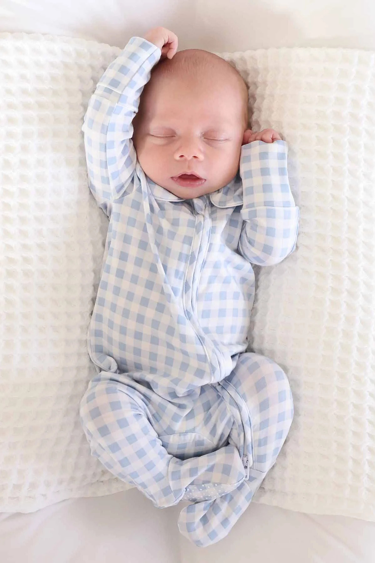 Peter Pan Collar Zipper Footie | Dusty Blue Gingham | Caden Lane