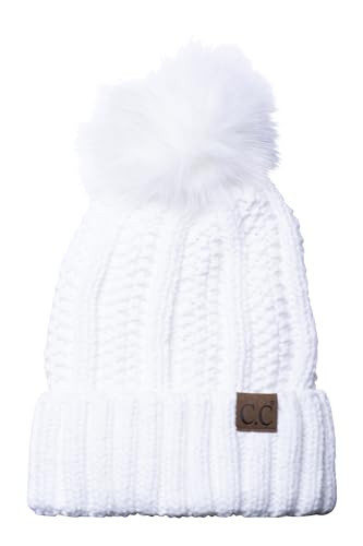 C.C Thick Cable Knit Faux Fuzzy Fur Pom Fleece Lined Skull Cap Cuff Beanie, Chenille Ivory-ow | Amazon (US)