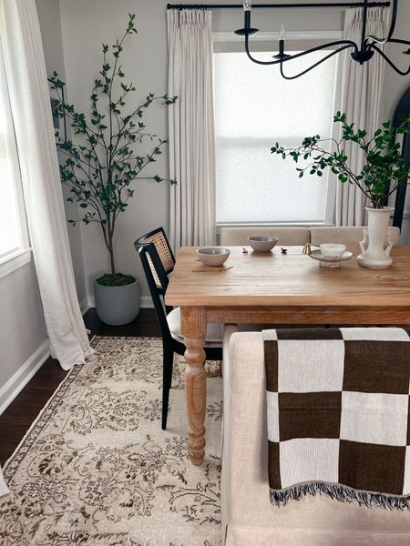 Dining room sources including citrus tree, checker blanket, curtains, table, dining chairs. The rug is sold out but these are similar textures 

#LTKunder100 #LTKhome #LTKsalealert