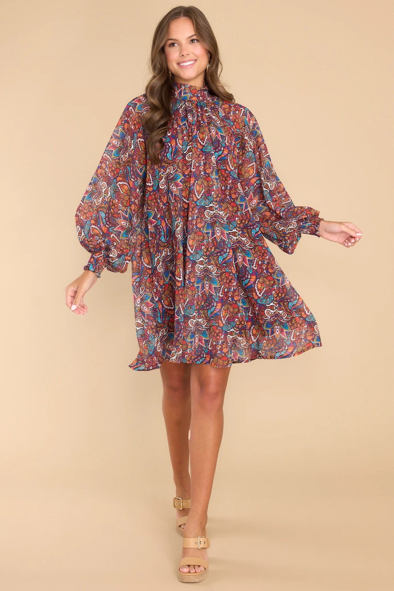 Just Like Family Burgundy Multi Print Dress | Red Dress 