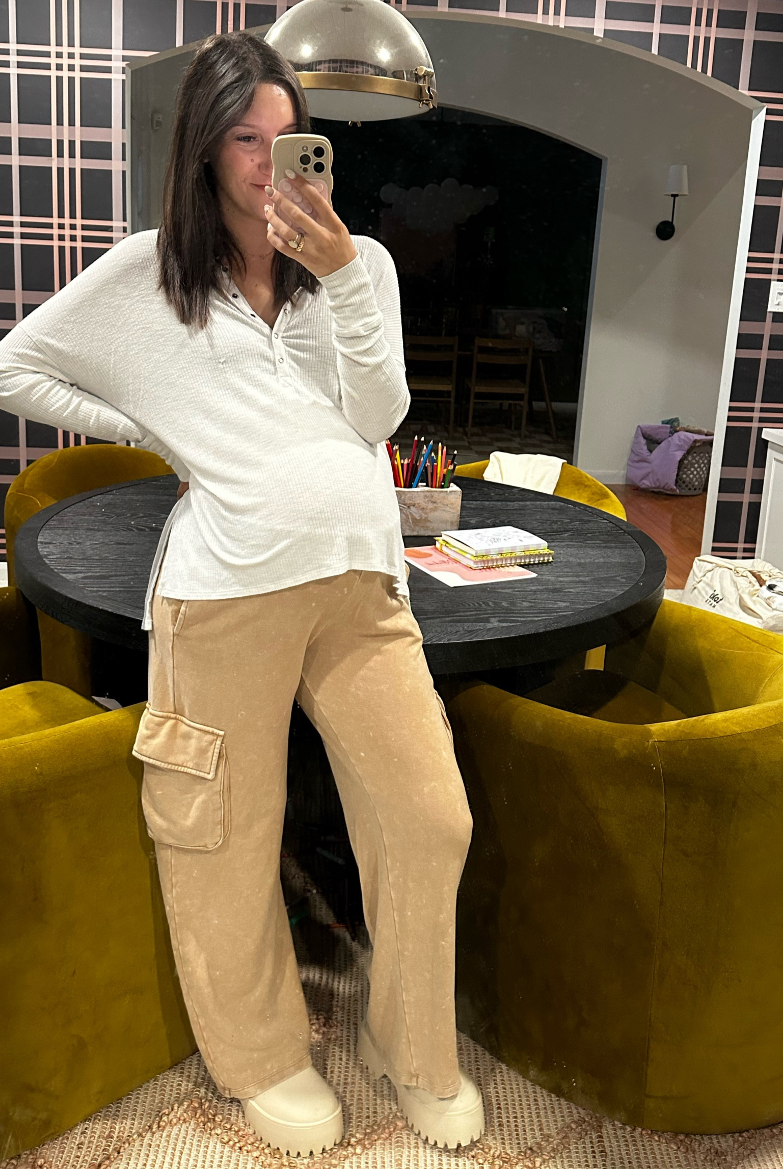 39.4 weeks still here!! 

Sweatpant cargos— love these, got my TTS (medium), but aren’t “maternity"
Shirt— medium BF friendly henley 