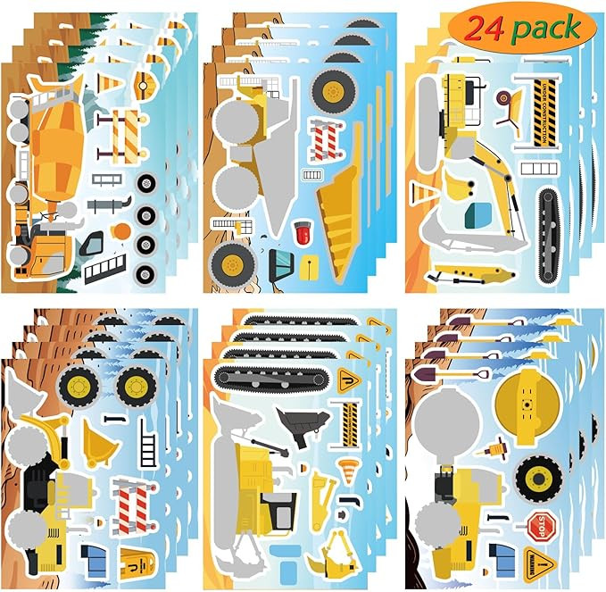 24 Sheets Make Your Own Construction Vehicle Stickers for Kids Boys, Make-a-Face Engineering Vehi... | Amazon (US)