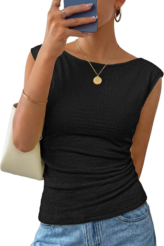 ZESICA Women's Summer Ruched Trendy Tank Top 2026 Cap Sleeve Boat Neck Slim Fit Spring Tops Going... | Amazon (US)