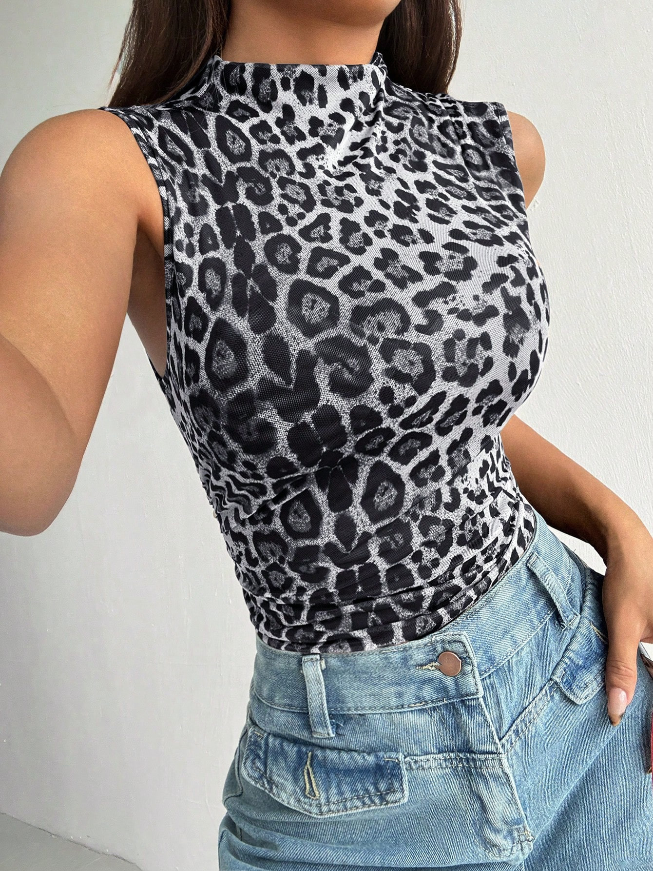 SHEIN EZwear Leopard Print Mock Neck Bodysuit For Dailywear | SHEIN