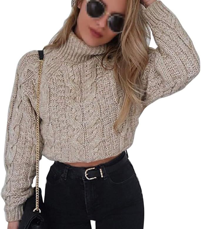 Womens Casual Turtleneck Long Sleeve Chunky Fall Winter Pullover Jumper Knited Sweater Crop Tops | Amazon (US)