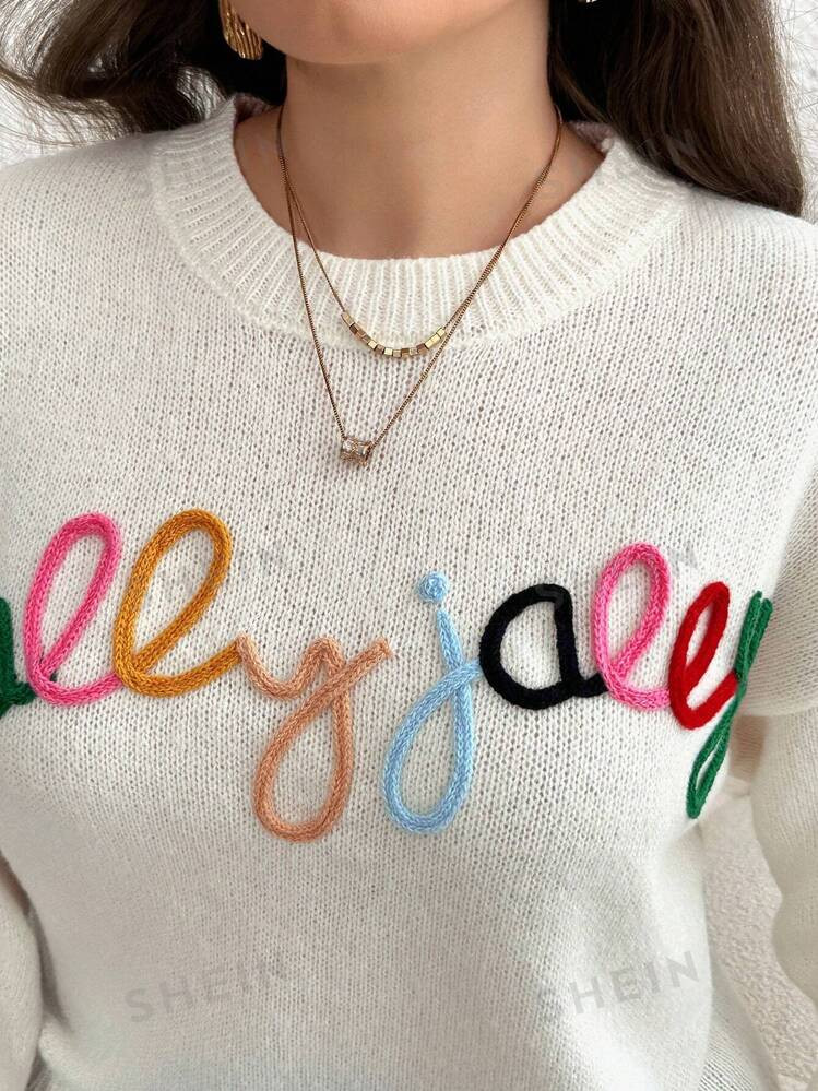 TrendsSHEIN LUNE Women's Solid Color Knitted Contrast Letter Jacquard Pullover Sweater, Minimalis... | SHEIN