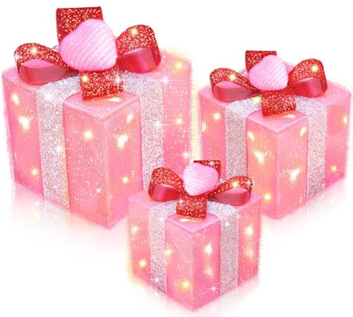 Timer & 8 Mode 3 Pack Christmas Decorations Pink Christmas Lighted Gift Boxes with Hearts Red Glitter Bow 60 LED Battery Operated Present Box Pink Decor for Indoor Outdoor Xmas Wedding Valentines Gift | Amazon (US)