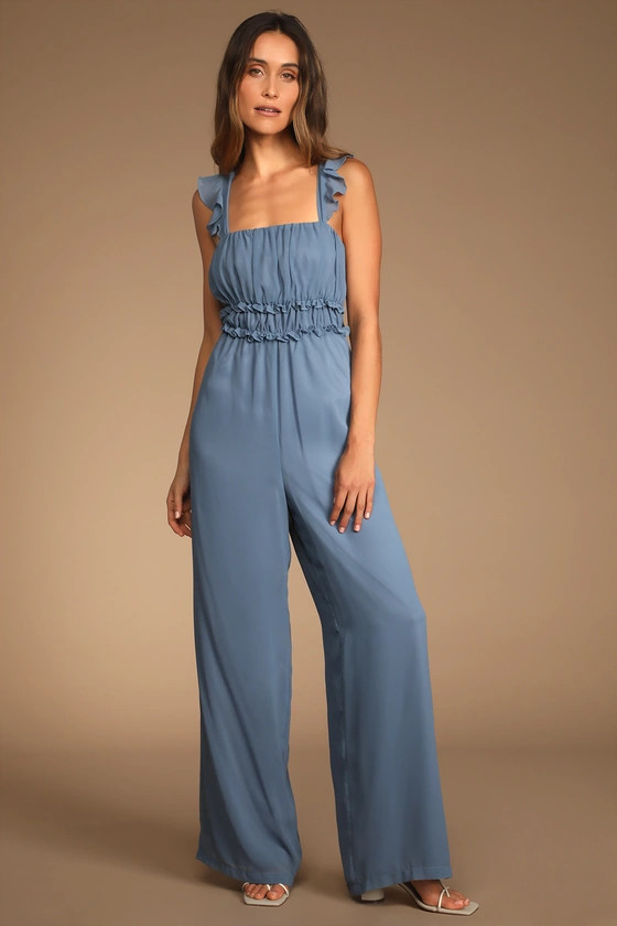 Stun with Elegance Slate Blue Ruffled Tie-Back Wide-Leg Jumpsuit | Lulus (US)