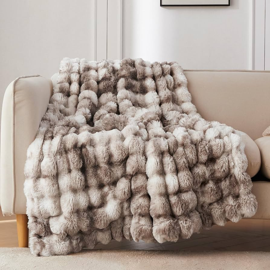 COOVA Faux Fur Throw Blanket for Couch, Cozy Soft and Fuzzy Plush Rabbit Fur Bubble Blanket for S... | Amazon (US)