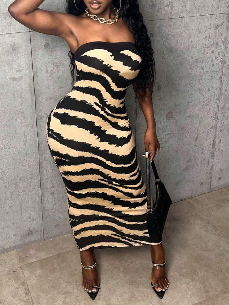 SHEIN VaVaLuxe Strapless Zebra Print Bodycon Dress | SHEIN