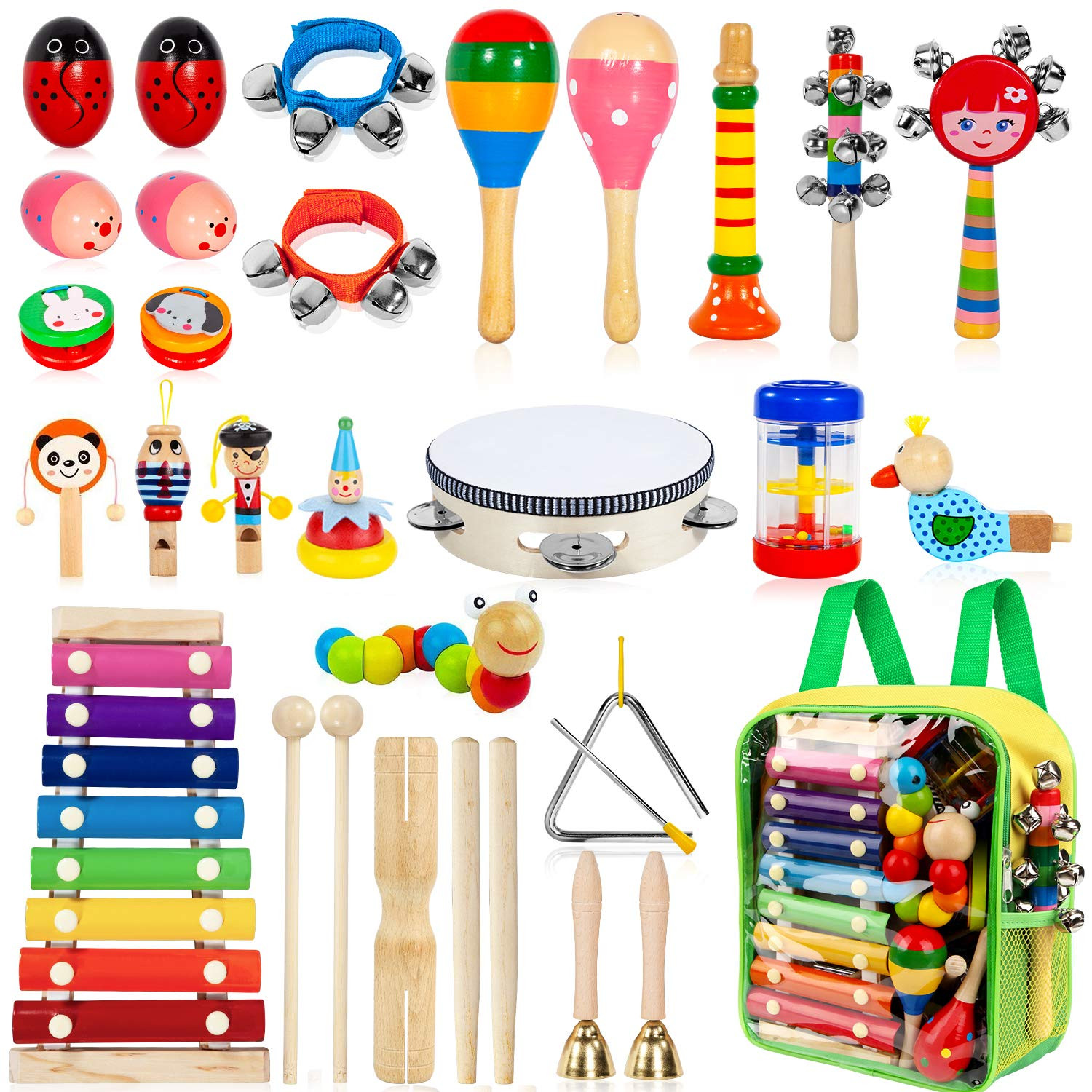 Kids Musical Instruments, 33Pcs 18 Types Wooden Percussion Instruments Tambourine Xylophone Toys ... | Amazon (US)