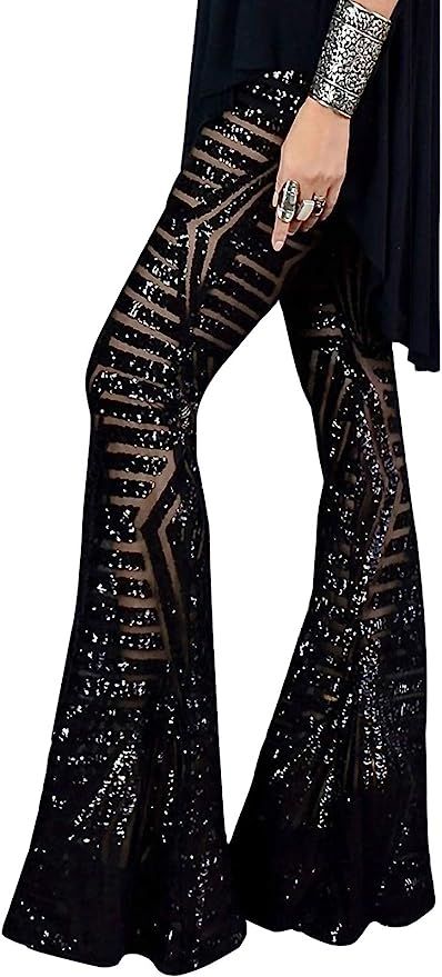 BLENCOT Bell Bottoms for Women High Waisted Wide Leg Palazzo Pants Bling Sequin Flared Trousers | Amazon (US)