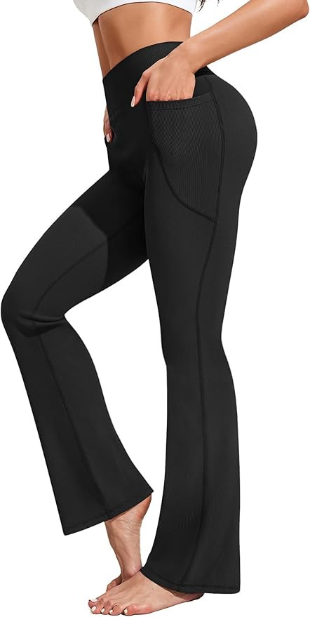 PINSPARK Womens Flare Yoga Pants Ribbed Bootcut Leggings High Waisted Flares Bottom Workouts Pant... | Amazon (US)