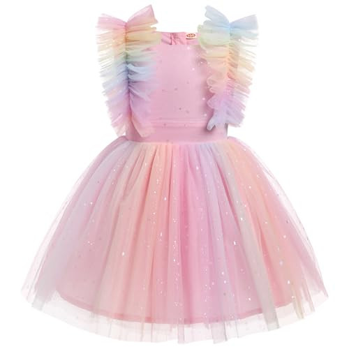 ABEHIK Rainbow Flower Girls Dress Flutter Sleeve Birthday Party Princess Tutu Tulle Dress Wedding Pageant Evening Gown Polka Dot Star Cake Smash Photo Shoot Outfits Pink Rainbow 4-5 Years | Amazon (US)
