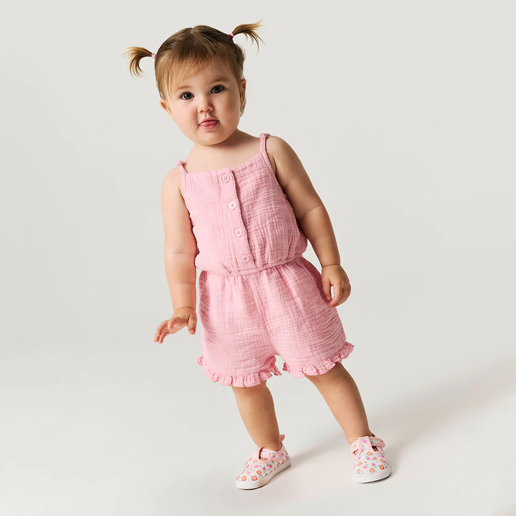 Solids Pink Daywear Happy Pink Cotton Crinkle Romper | Posh Peanut® | Posh Peanut