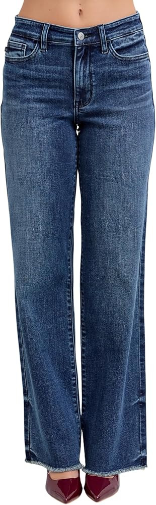 Judy Blue Mid Rise Vintage Dark Wash Wide Leg Jeans Inseam 32" | Amazon (US)