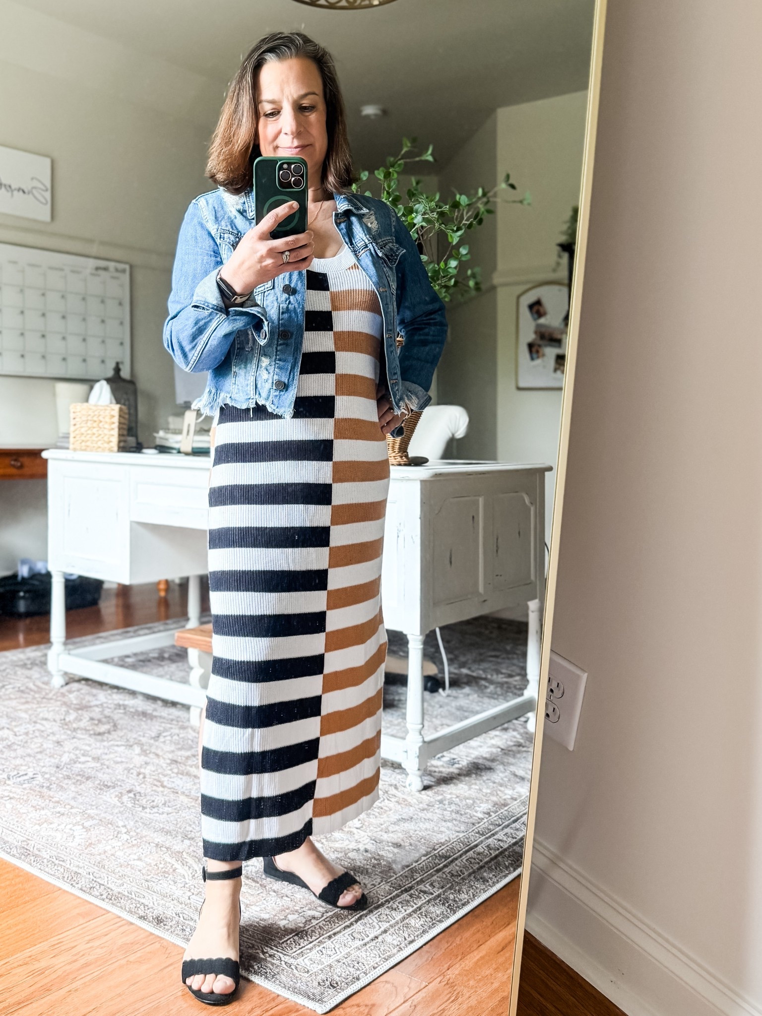 Striped knit dress, multicolor striped dress, women’s sleeveless knit dress, women’s summer dress, contrast color, beach resort dress, side slit, scooped neck, casual fitted maxi dress. Styled with cropped distressed denim jacket. Golf jewelry. Black ankle strap flat sandals.

#LTKStyleTip #LTKOver40 #LTKFindsUnder50