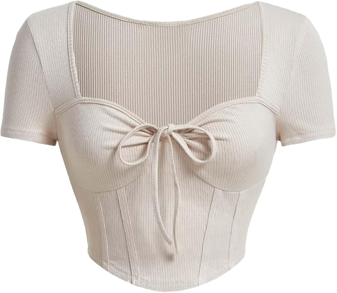 Women's Sweetheart Neck Knot Front Crop Tee Top Short Sleeve Ribbed Knit Slim Fit Pullover T Shir... | Amazon (US)