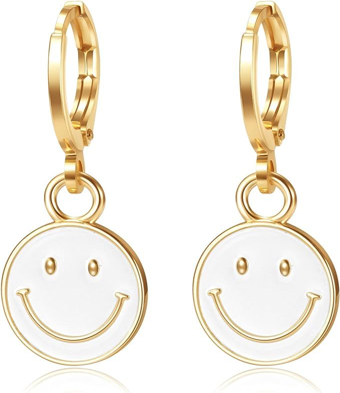 BYIA Huggie Dangle Hoop Earrings, 14K Gold Plated Smiley Face Drop Earring, Personalized Handmade... | Amazon (US)