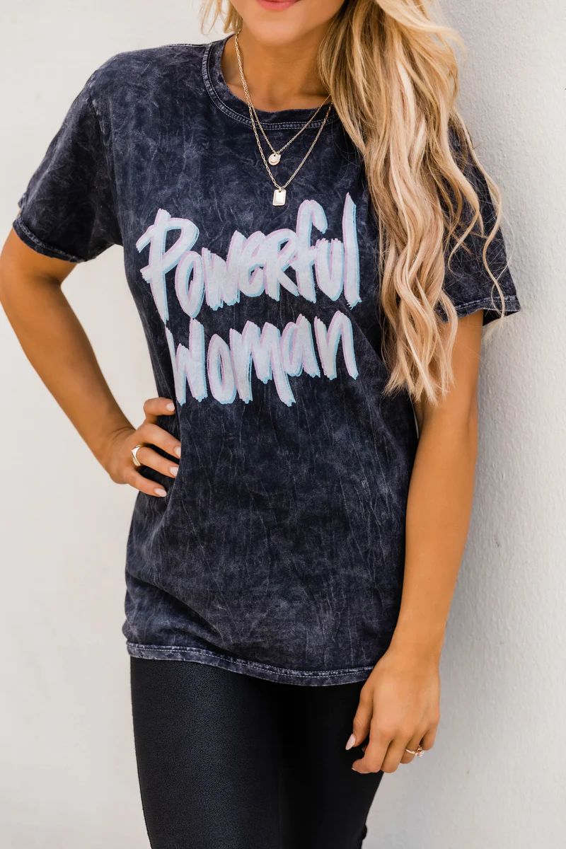 Powerful Woman Graphic Mineral Black Tee | The Pink Lily Boutique