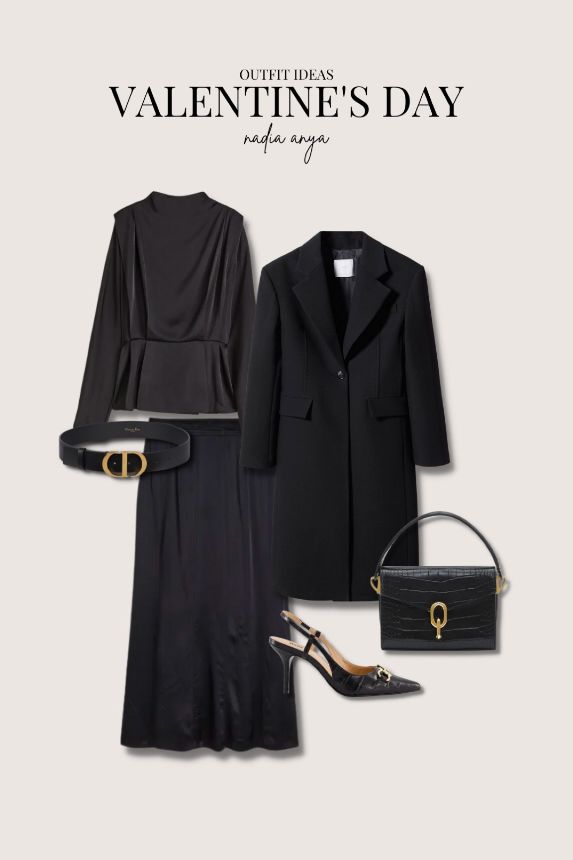 Valentine’s Day outfit ideas - chic date night evening outfit. Mango black long smart coat, H&M black satin midi skirt & black satin blouse, dior black belt, Anine Bing black Dina handbag & black slingback heels with gold buckle detail  

#LTKstyletip #LTKshoecrush #LTKitbag