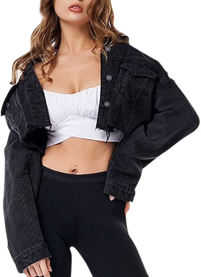 SoonerQuicker Denim Jacket Jeans Jacket for Women Plus Size Long Sleeve Crop Top Ladies Jackets C... | Amazon (UK)