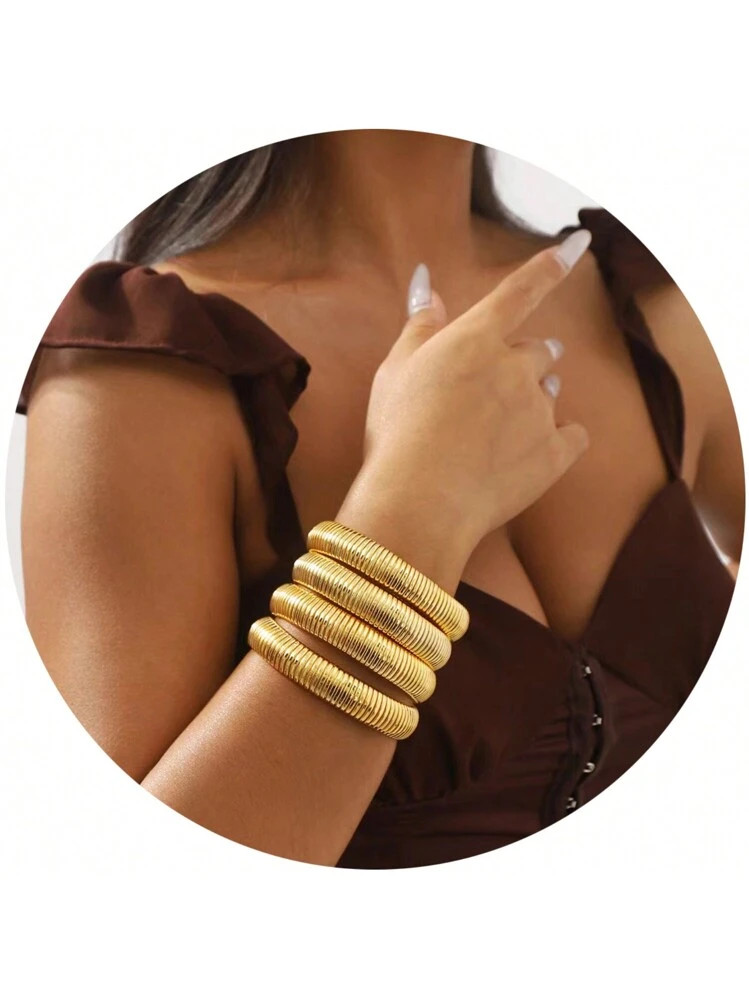 4Pcs Gold Bangle Multi-Layer Bracelets For Women Stretchy  Link Chain Bracelets Flexible Wide Wri... | SHEIN