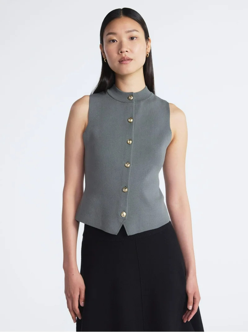 Scoop Women's and Women’s Plus Mockneck Sweater Vest with Gold Tone Buttons, Midweight, Sizes X... | Walmart (US)