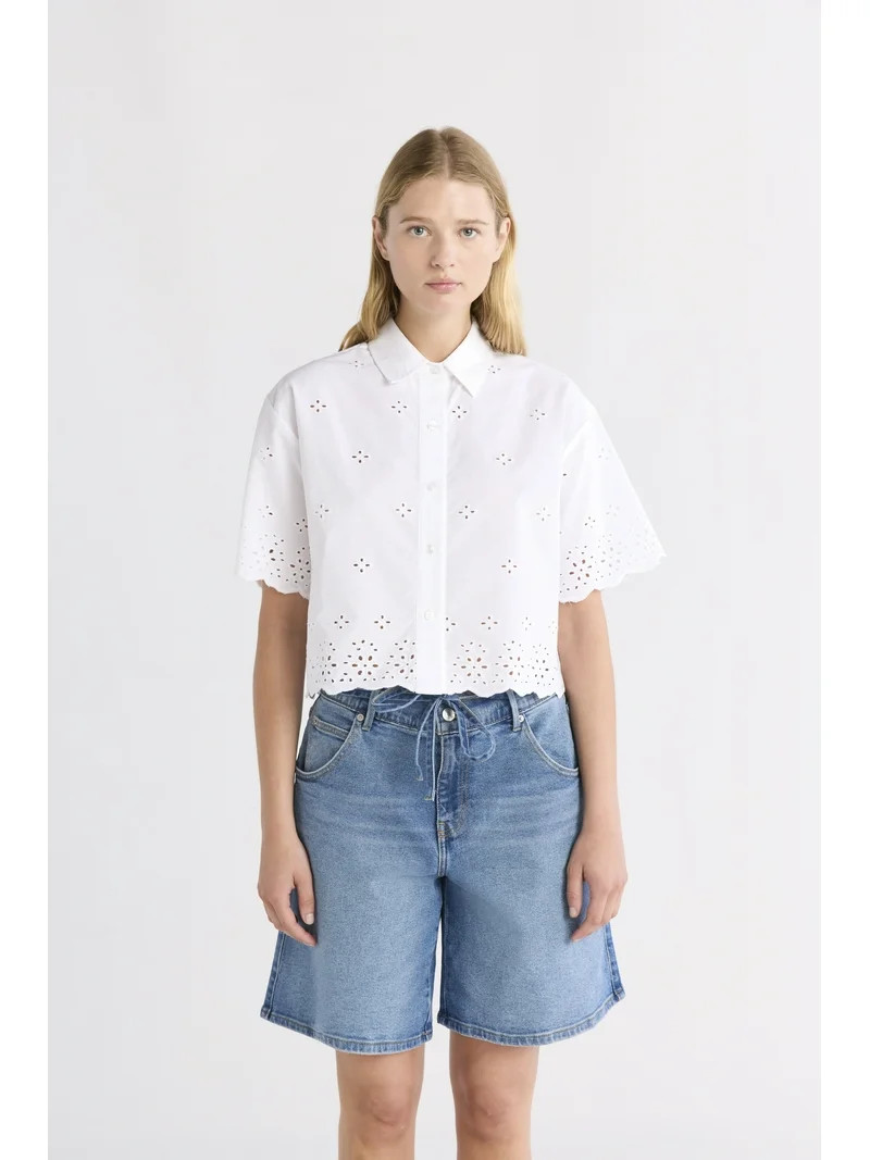 Free Assembly Women's and Women's Plus Cropped Cotton Eyelet Shirt, Sizes XS-4X - Walmart.com | Walmart (US)